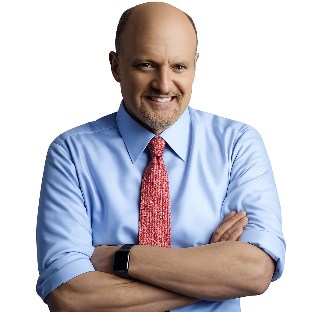 Jim Cramer portrait with folded arms in blue shirt and red tie